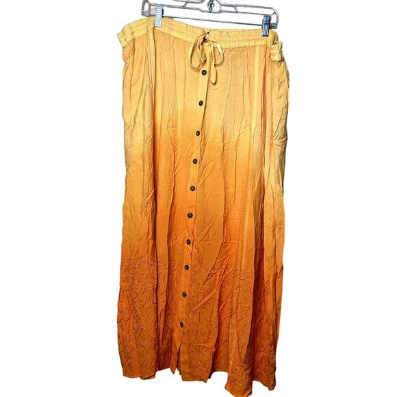 Flower Women Plus Size 2X Yellow Orange Fall Embroidered Button Front Maxi Skirt - Picture 1 of 9